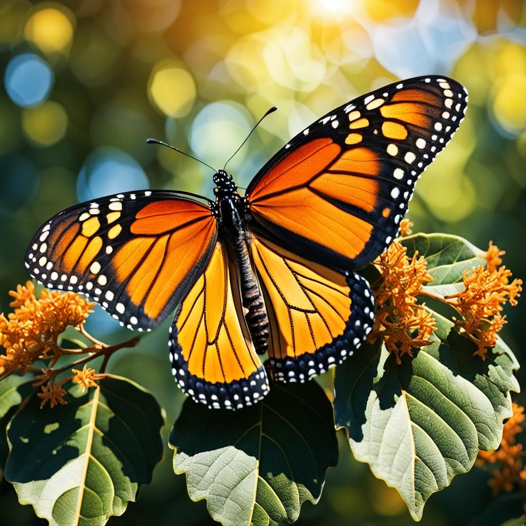 Monarch Butterfly on Oak Leaves in Dappled Light