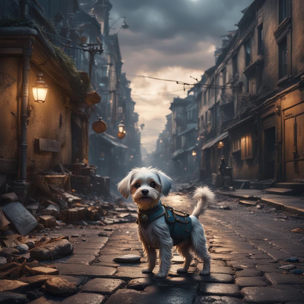 Tiny Dog on Street: Detailed Matte Painting
