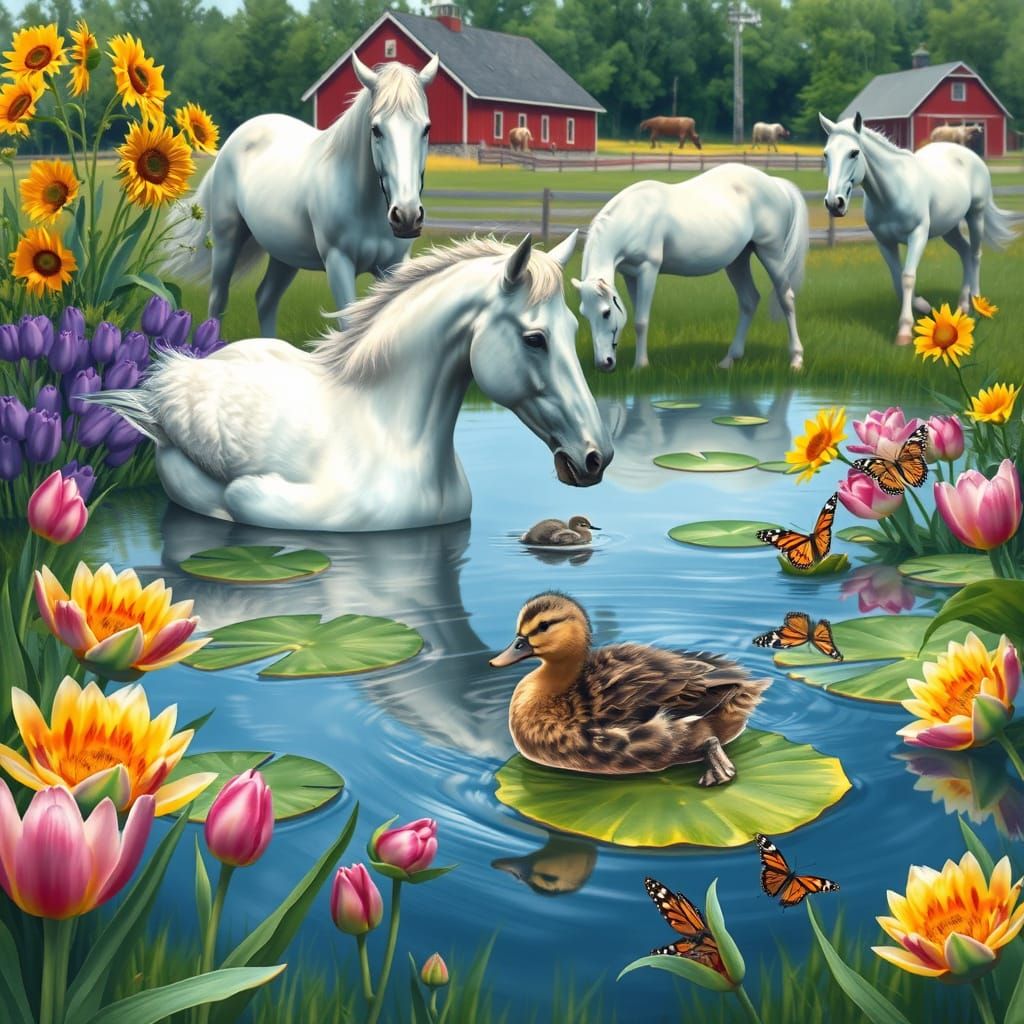 Idyllic Pond Scene with Ducklings in Impressionist Style