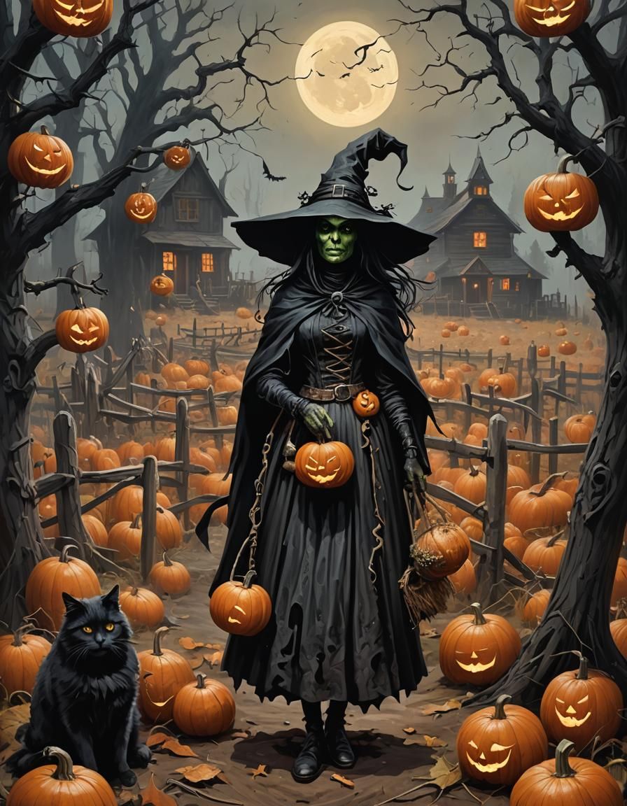 Sinister Witch in Rustic Pumpkin Patch