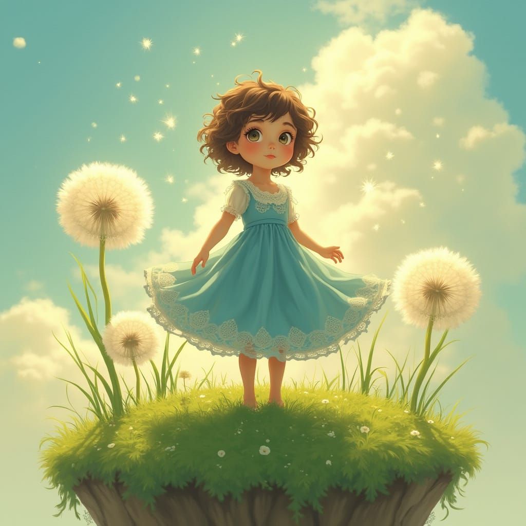 Young Girl in Whimsical Floating Island Scene with Dandelion...