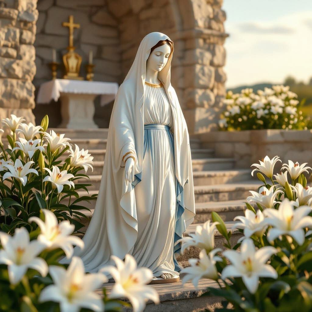 Our Lady of Lourdes Statue Amidst Blooming Lilies