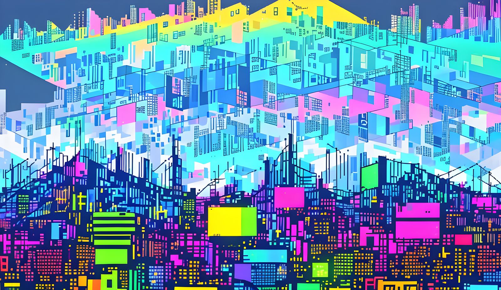 Futuristic Cityscape Pixel Art in Orphism Style