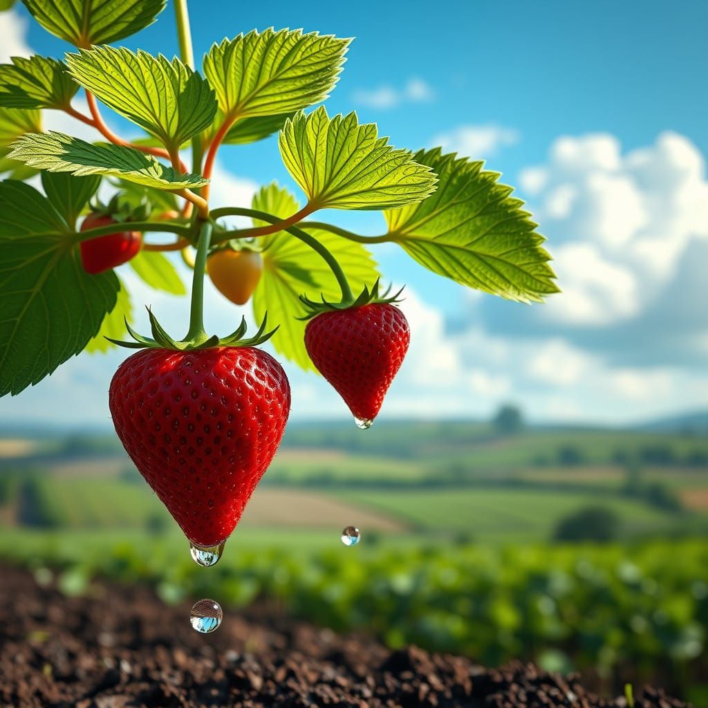 Whimsical Strawberry Plant Scene in a Dreamy Landscape