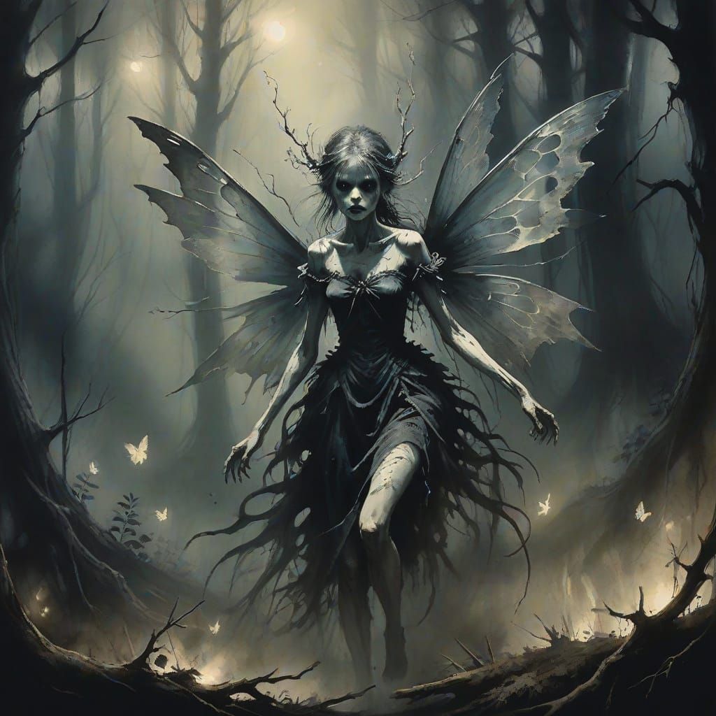 Eerie Fairy in Dark Forest Horror Illustration