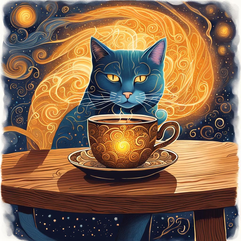Cat Sipping Coffee: Mixed Media Illustration