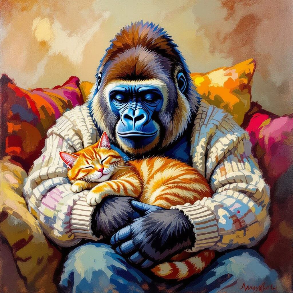 Gorilla Cradling Cat in Cozy Living Room