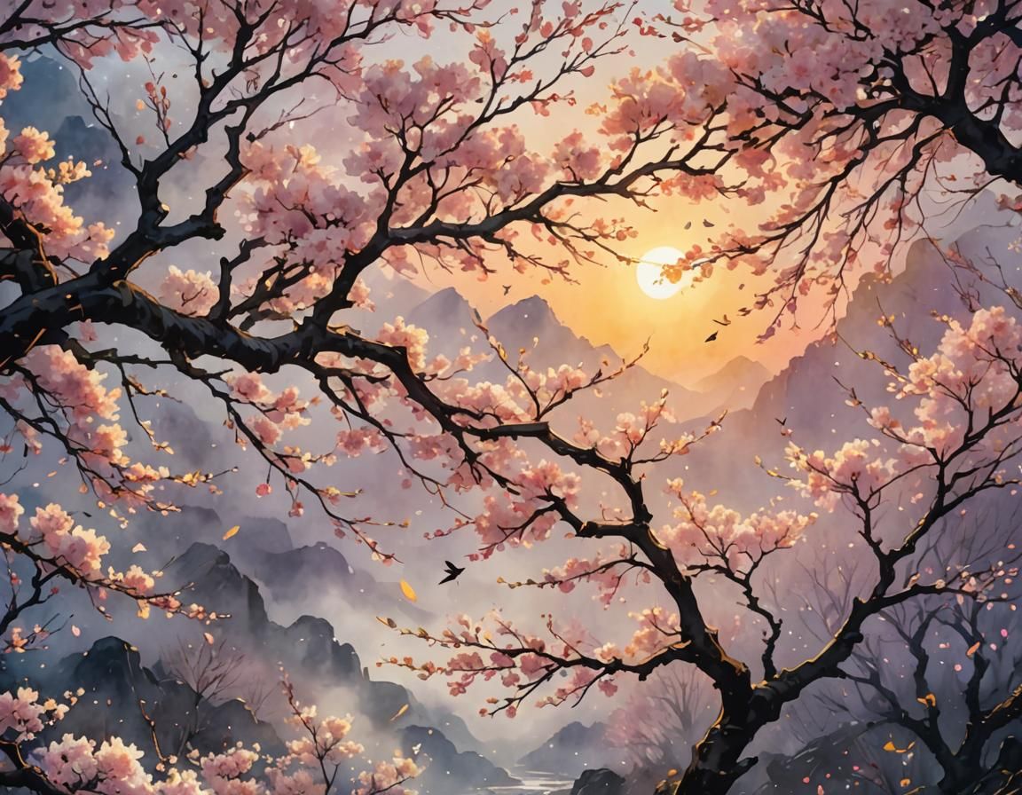 Watercolor Cherry Blossoms in Spring Sunrise