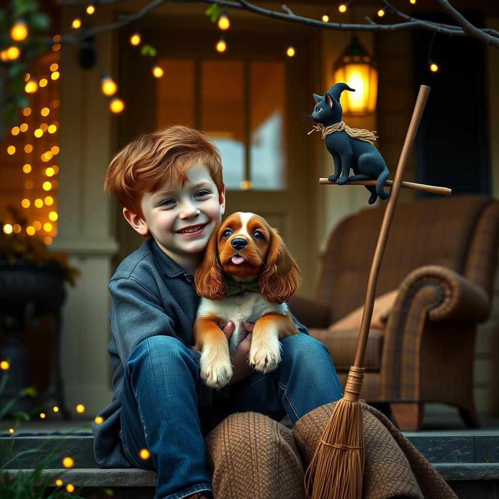 Boy with Puppy and Fireflies: Cinematic Film Still
