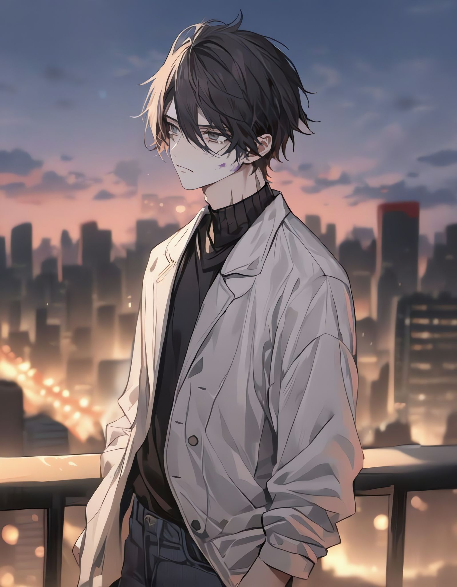 Sad Zombie Bishounen in Dusk Cityscape