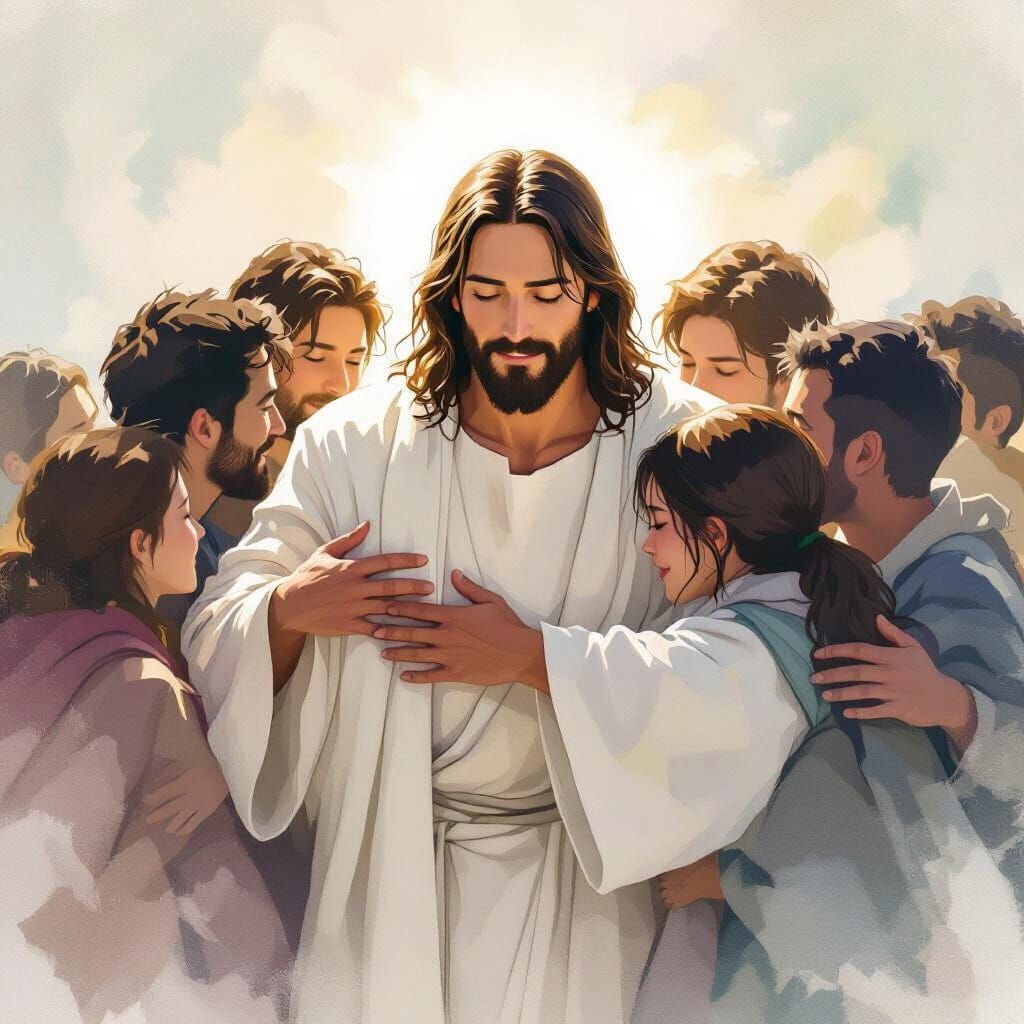 Jesus Embracing People in Dreamy Watercolor Style