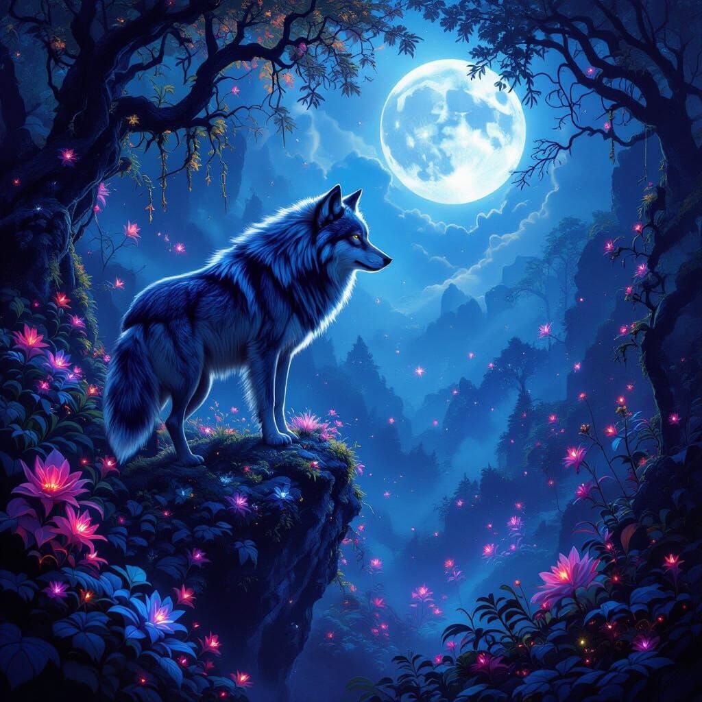 Nebula Wolf in Bioluminescent Forest