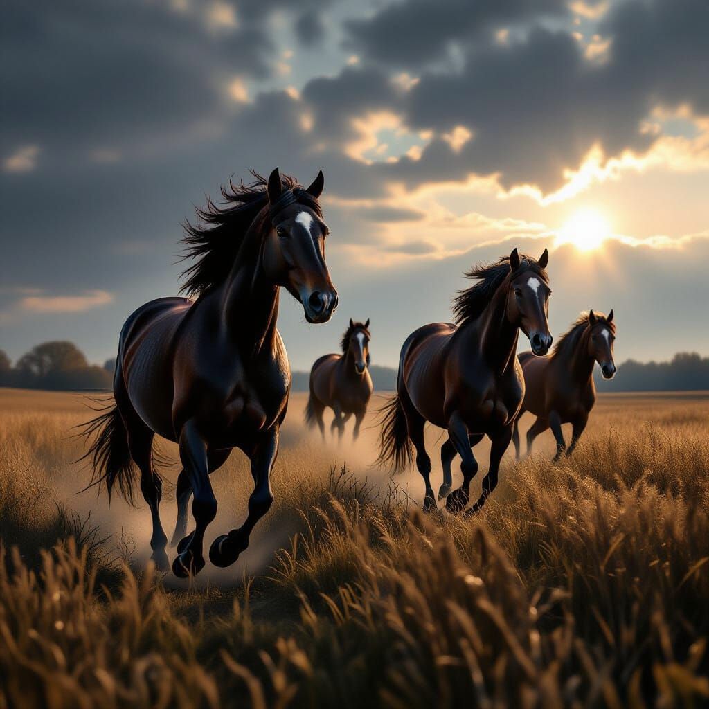 Majestic Horses Gallop in Sun-Drenched Field with Gothic Und...