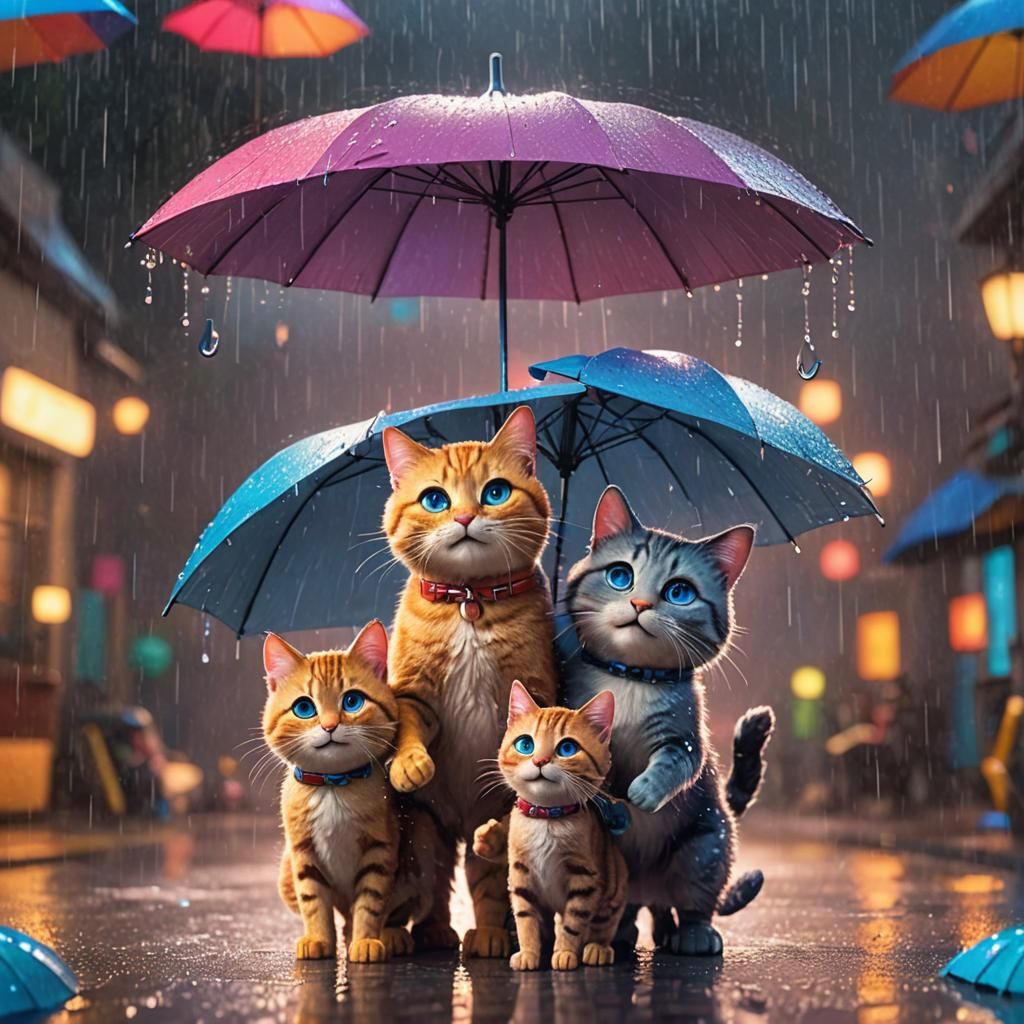 Smiling Cat Family in Rainy 3D Digital Art