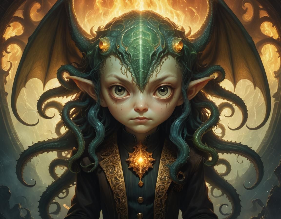 Fiery Portrait of Cthulhu's Spawn in Academic Style