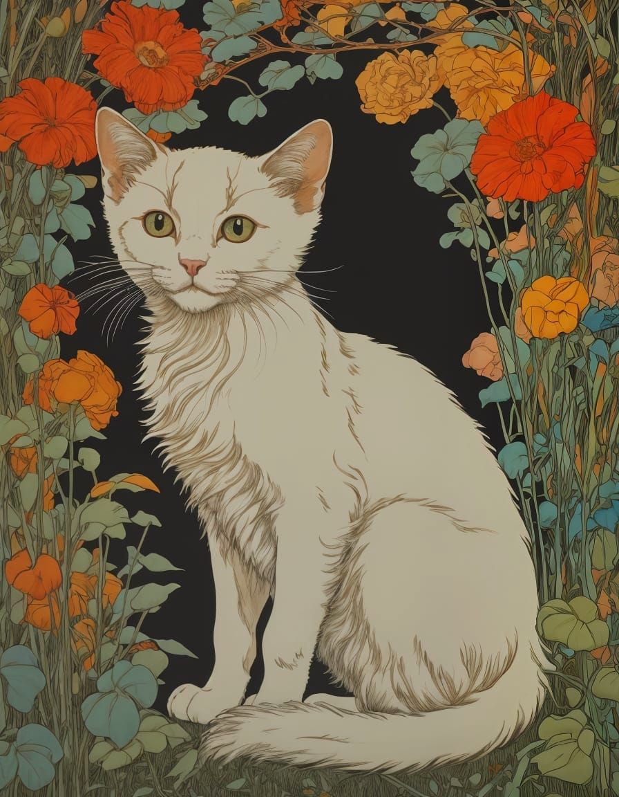 Whimsical Kitten in Vibrant Organic Line Drawing Style