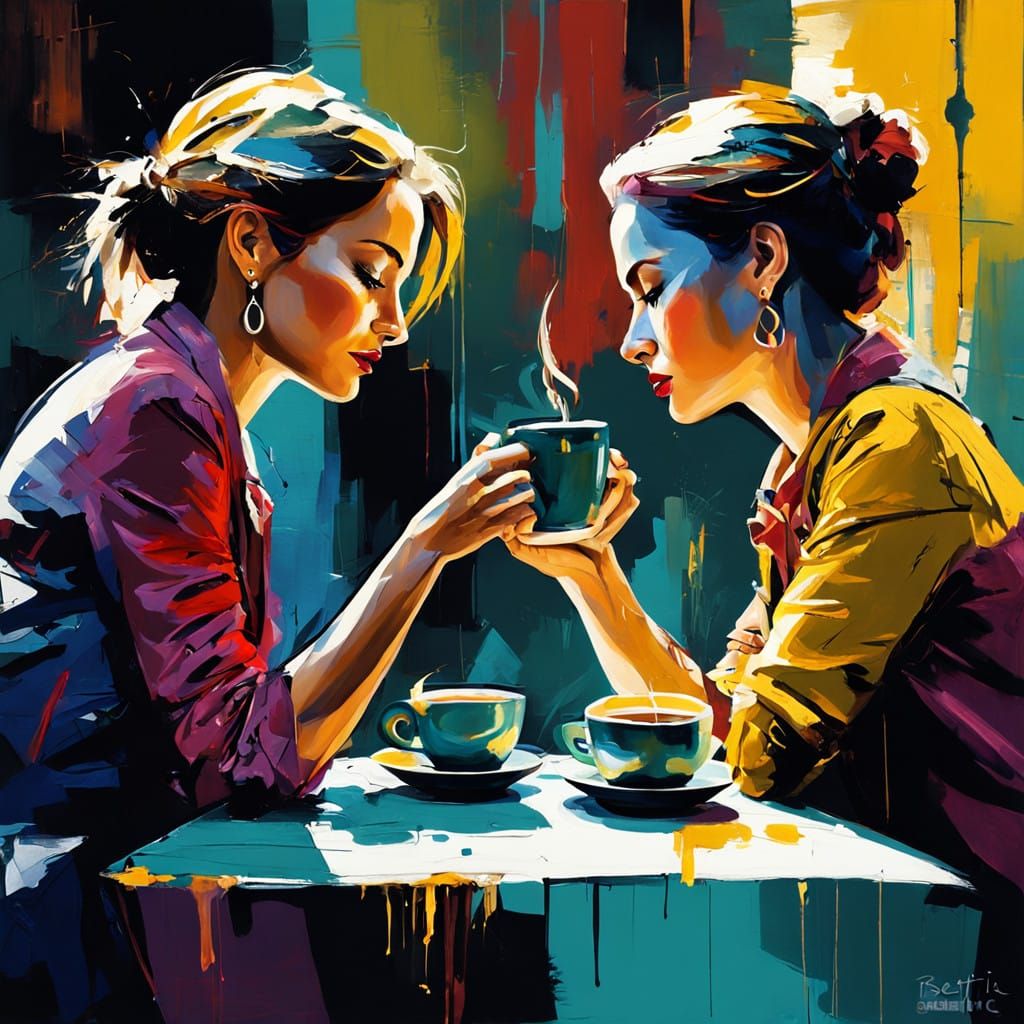 Elegant Ladies in a Cozy Coffeeshop, Oil Painting