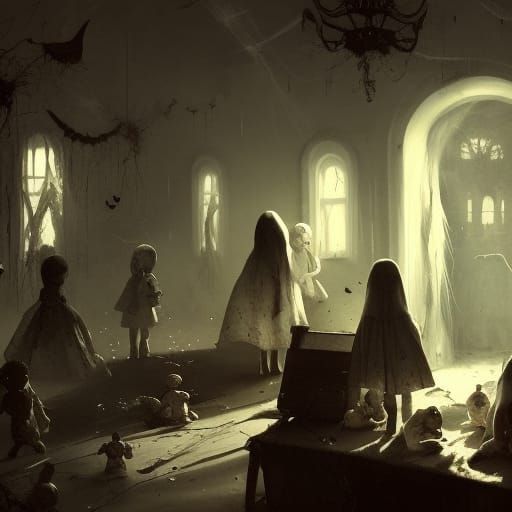 Haunted Daycare with Hollow-Eyed Dolls, Dark Fantasy Art