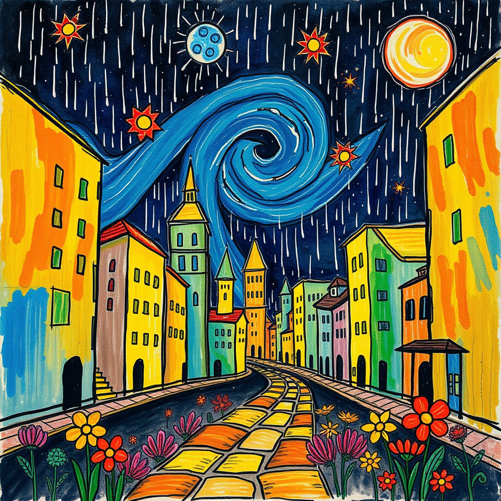 Crayon-Drawn Cosmic Cityscape with Rainbow Glow