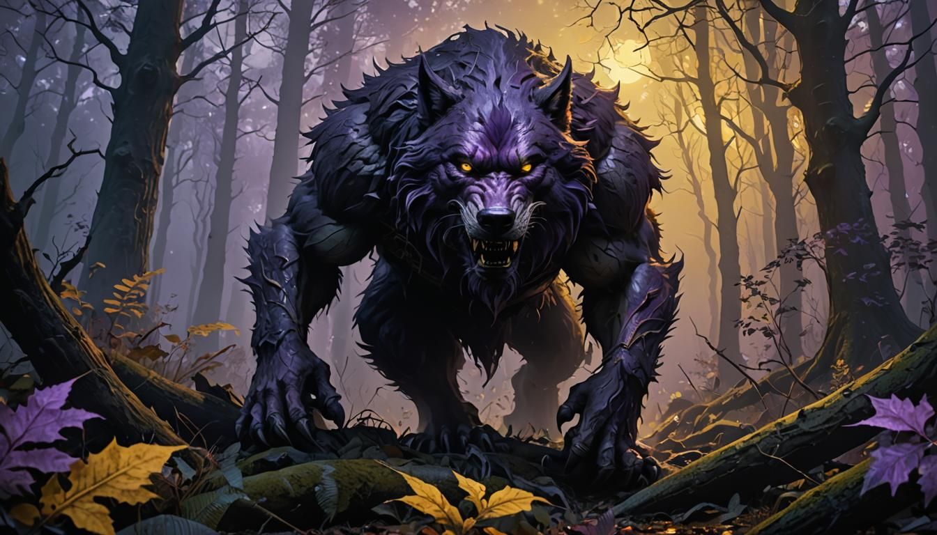 Ferocious Werewolf in Foggy Forest, Dark Fantasy Art