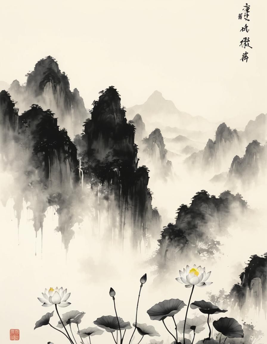 Ink Splatter Lotus Landscape as Sumi-e Painting