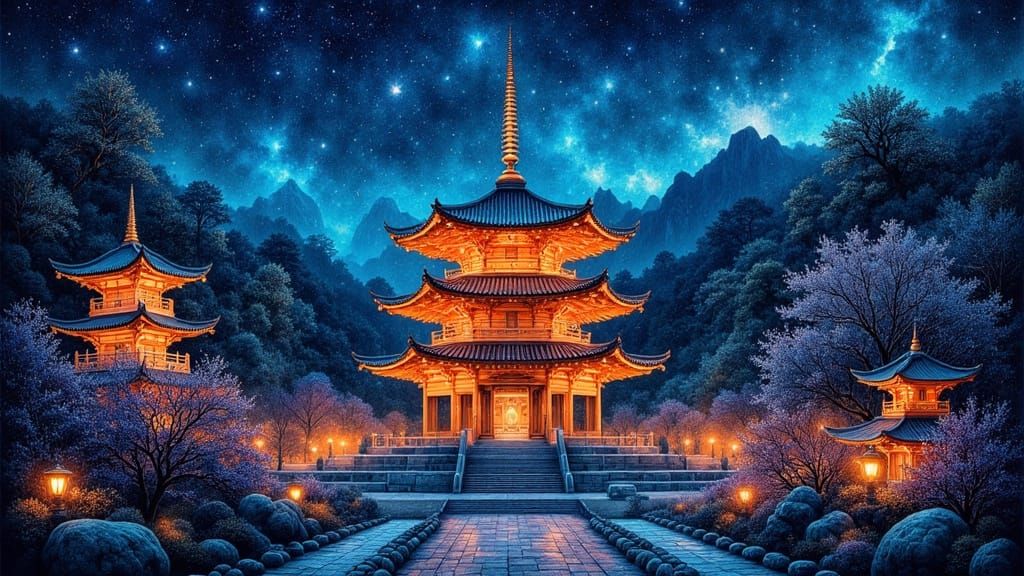 Stunning Pagodas at Night in Japanese Landscape