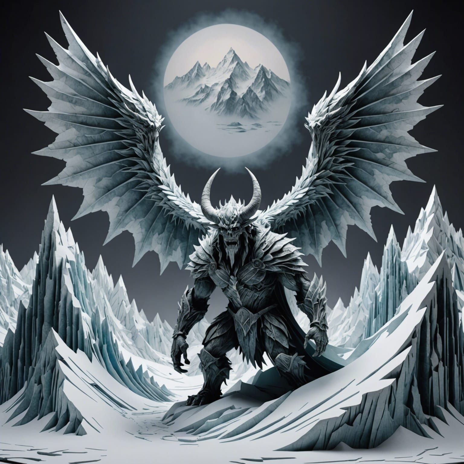 Winged Demon Trapped in Glacial Paper Sculpture