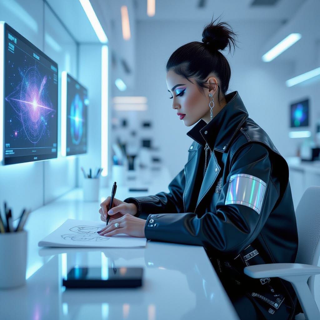 Avant-Garde Fashion Designer in Futuristic Studio