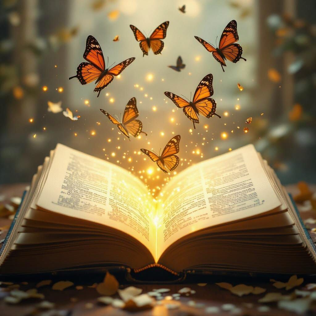 Glowing Open Book with Butterflies, Cinematic Masterpiece