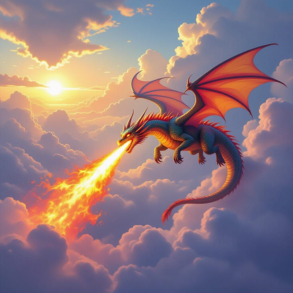 Vibrant Dragon Breathes Rainbow Fire in Ethereal Sky