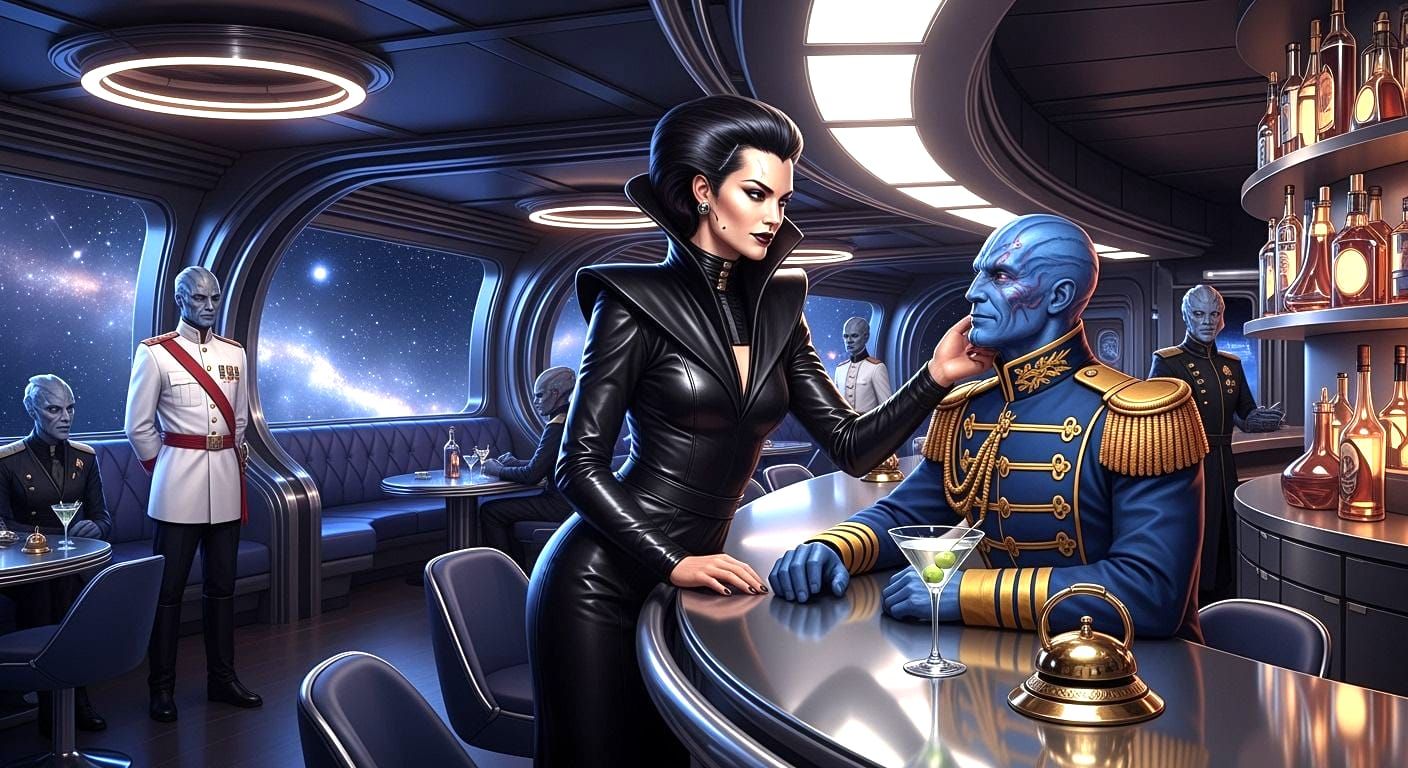 Glamorous Woman and Alien Admiral on Starship Lounge