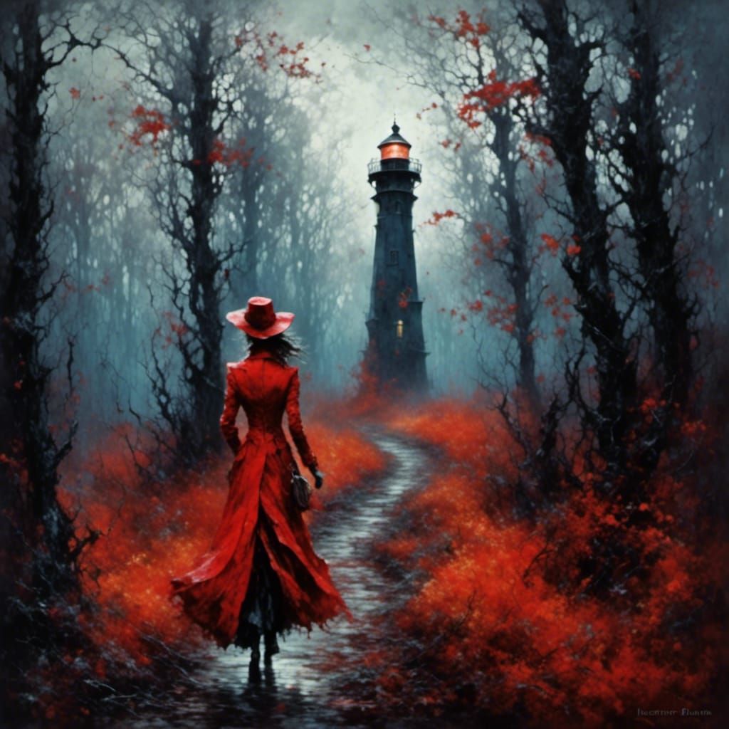 Elegant Lighthouse with Woman in Red, Impressionism Style