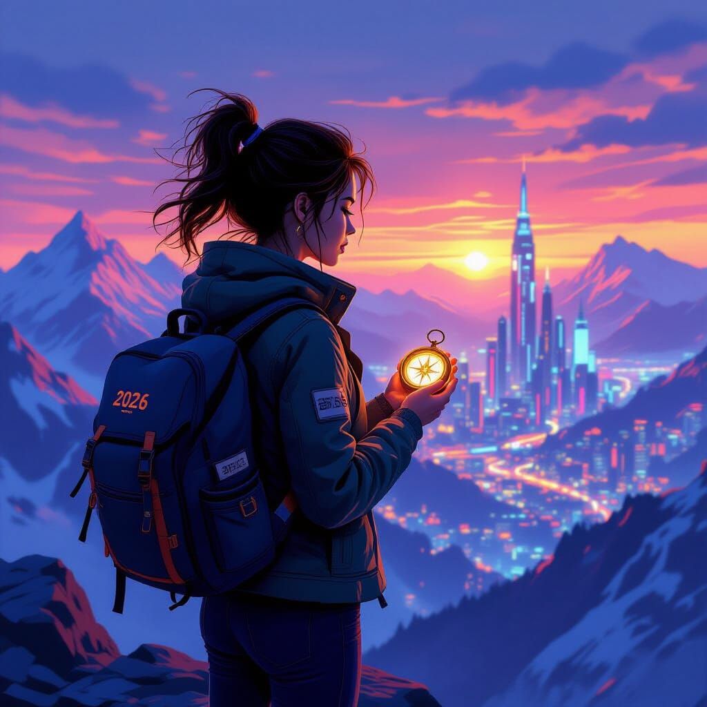 Woman on Mountain Peak Overlooking Futuristic Cityscape