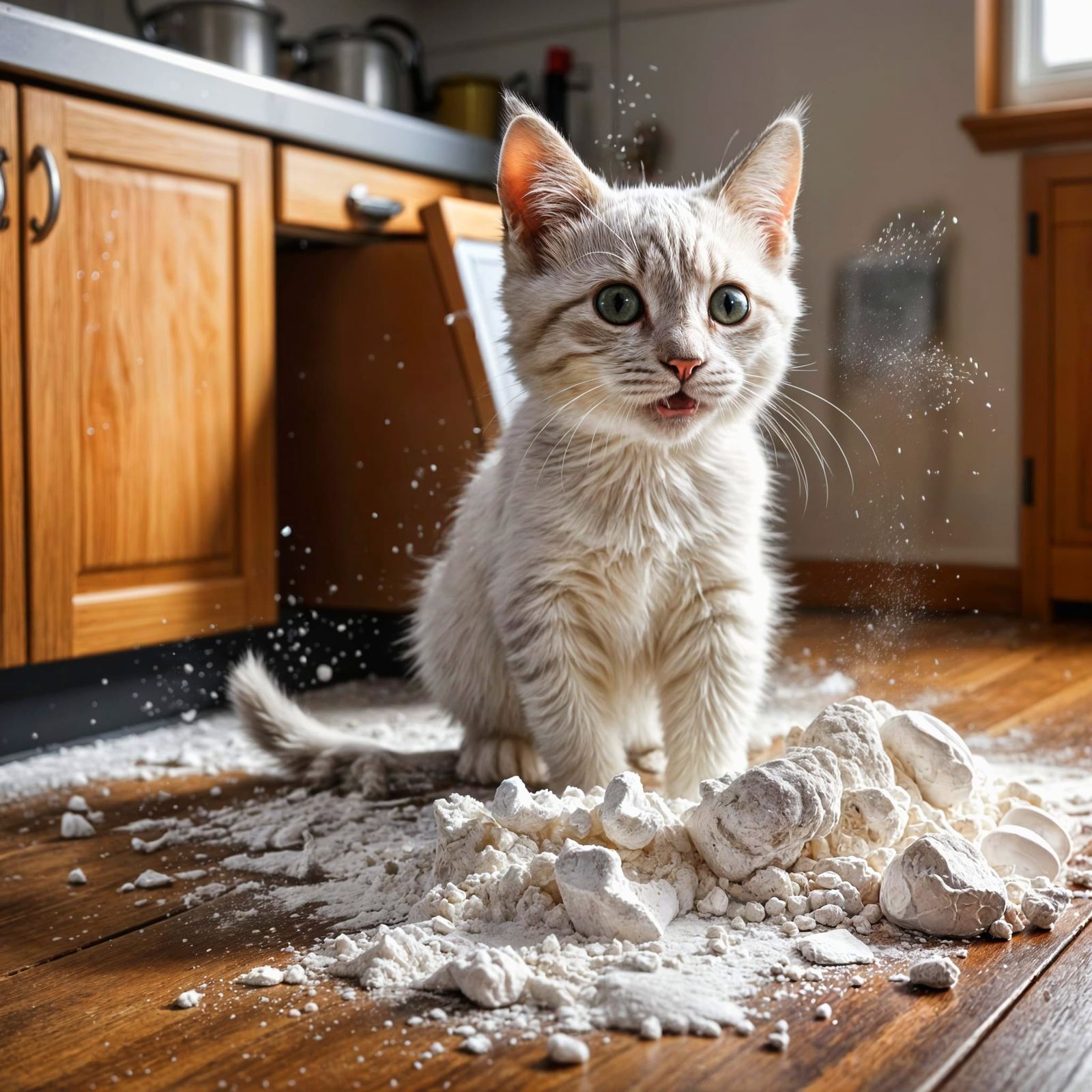 Playful Kitten Creates a Floury Mess in the Kitchen
