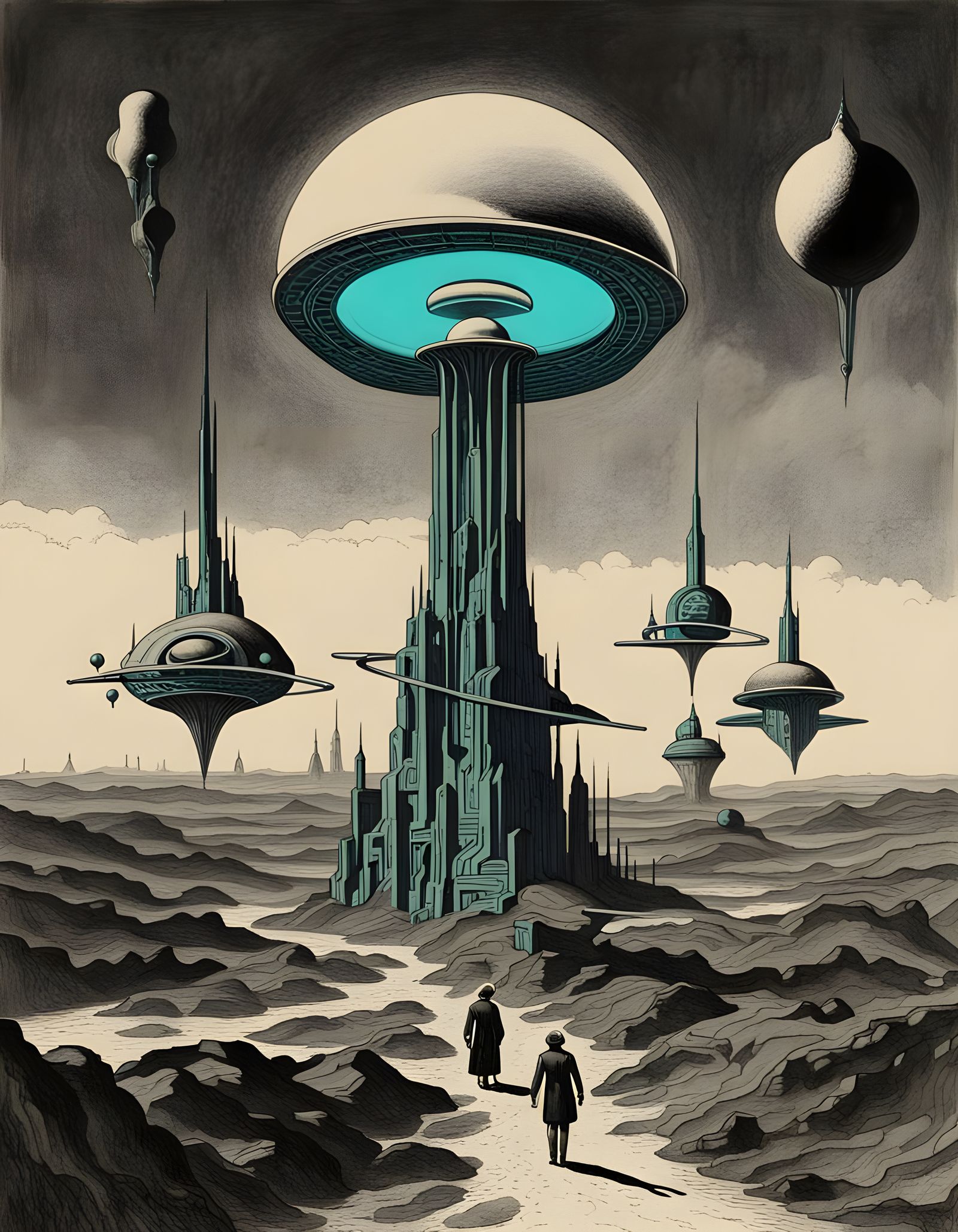 Contrasting Colors in Retrofuturistic Sci-Fi Ink Drawing