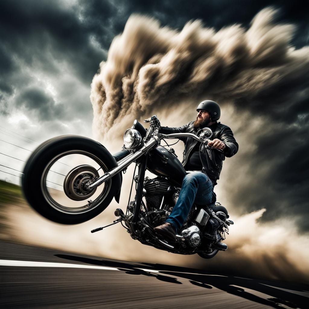 Hyperrealistic Outlaw Biker in Tornado