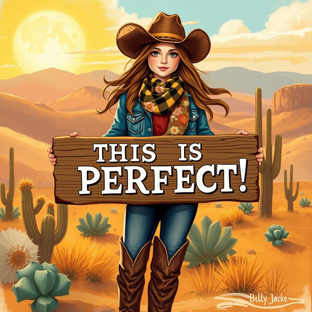 Cowgirl Holding Sign in American Folk Art Style