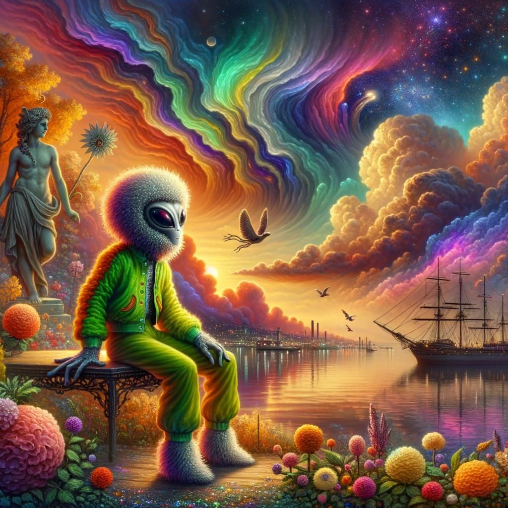 Fluffy Alien Contemplating Garden with Neon Sunset Sky