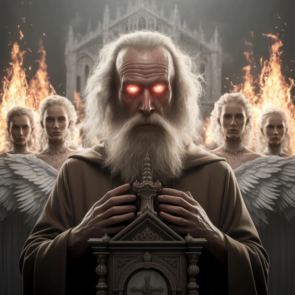 Ethereal Post-Apocalyptic Church Scene with Wizard and Angel...