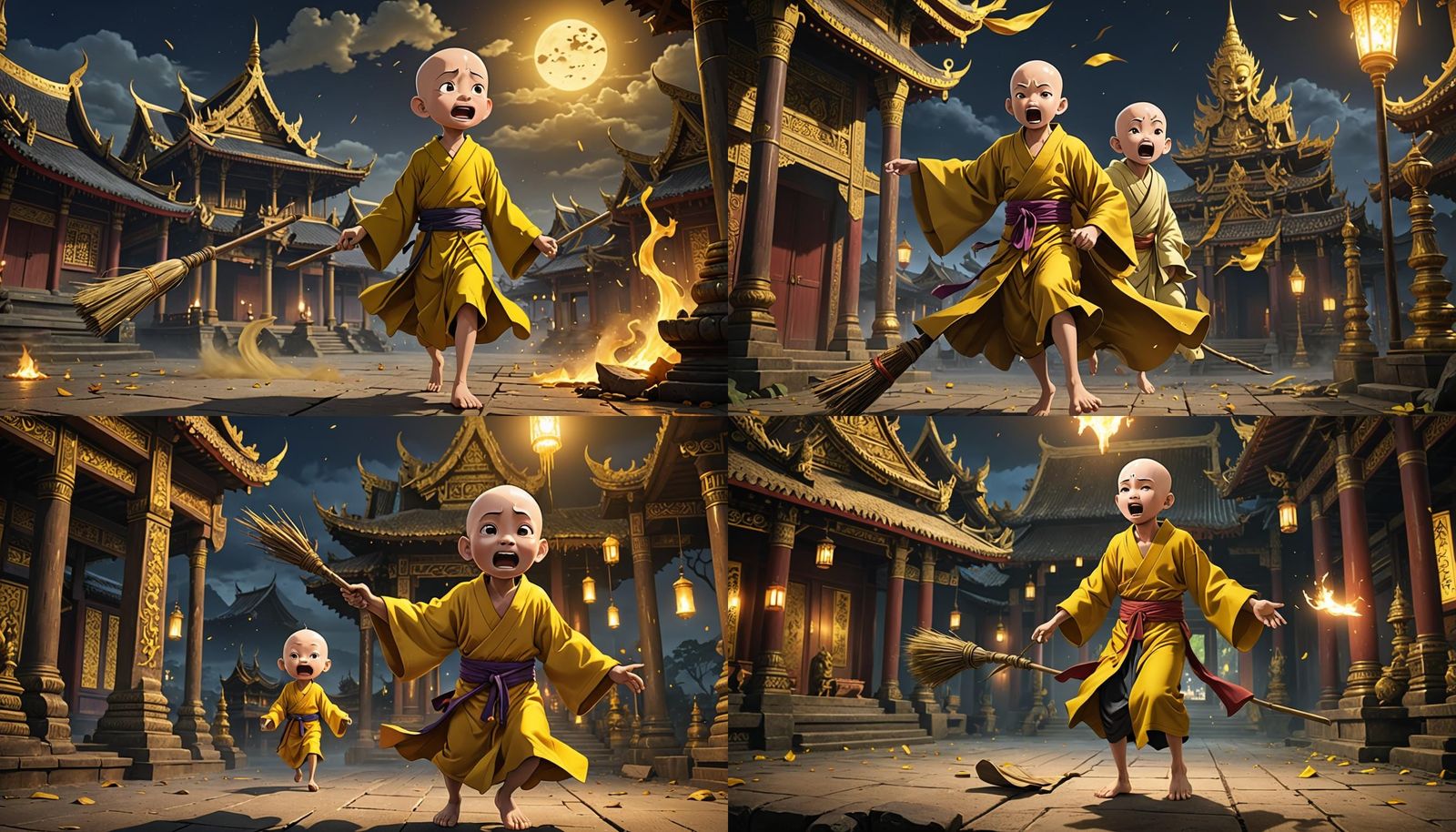 Frightened Monk Escapes Ghost in Thai Anime Style