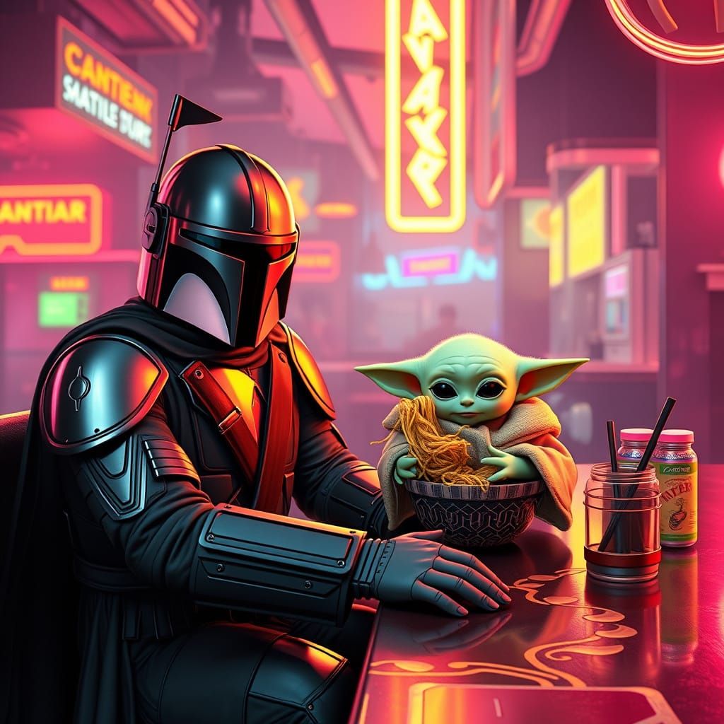 Grogu in Mos Eisley Cantina: Synthwave Neon