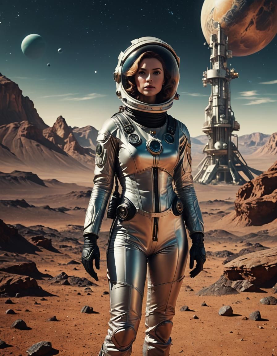 Glamorous Space Explorer in Retro-Futuristic Venus Landscape