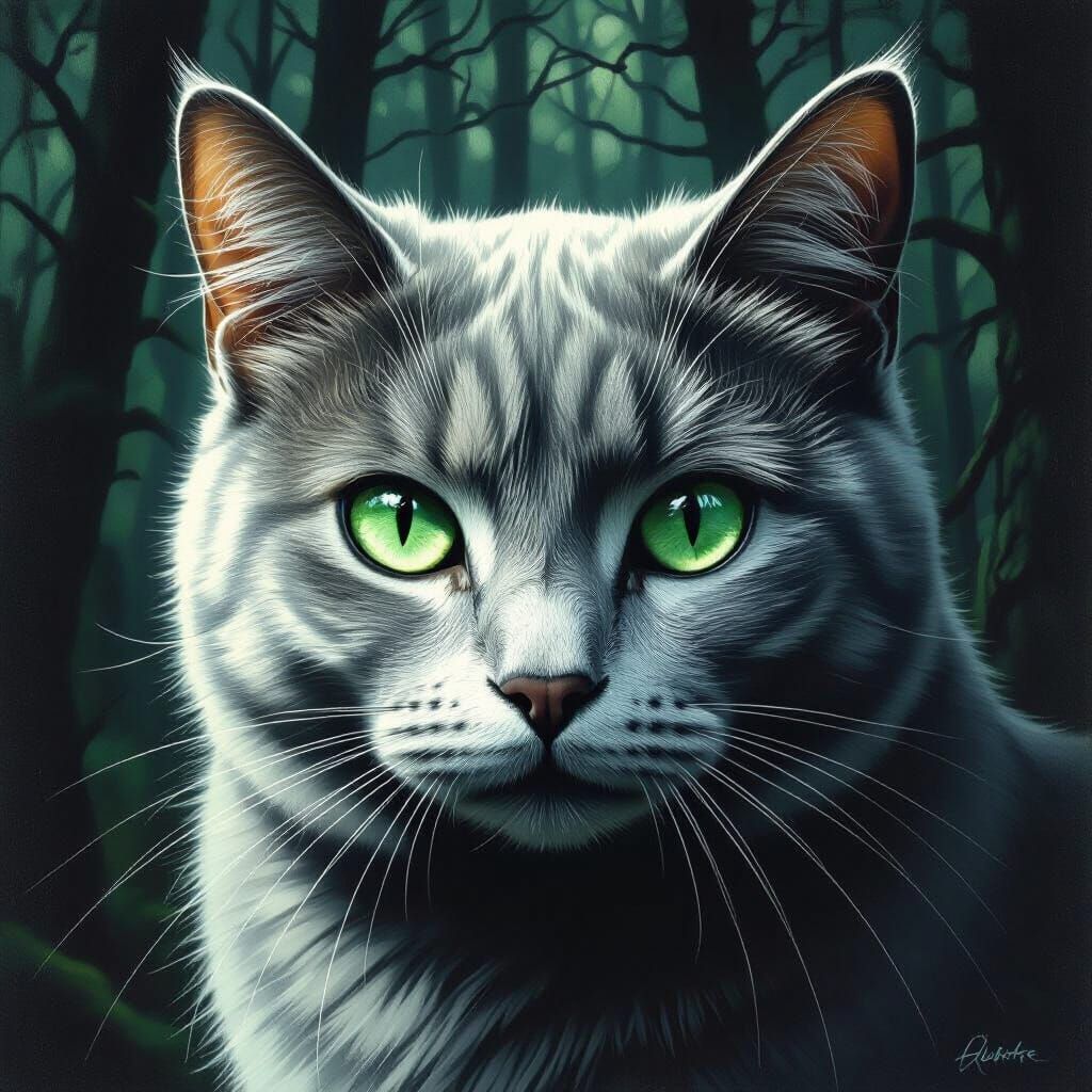 Mysterious Grey Cat Portrait in Shadowy Forest