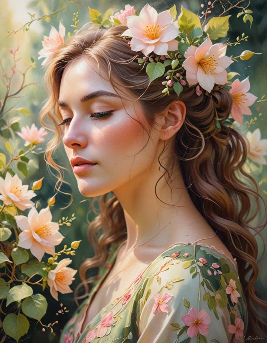 Impressionist Woman Portrait with Floral Transformation