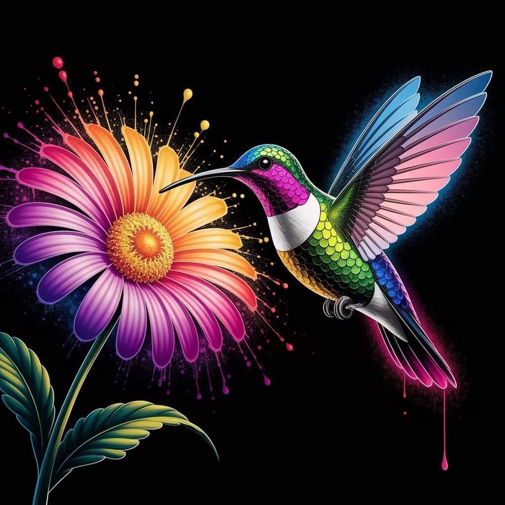 Hummingbird with Stained Glass Flower in Graffiti Art