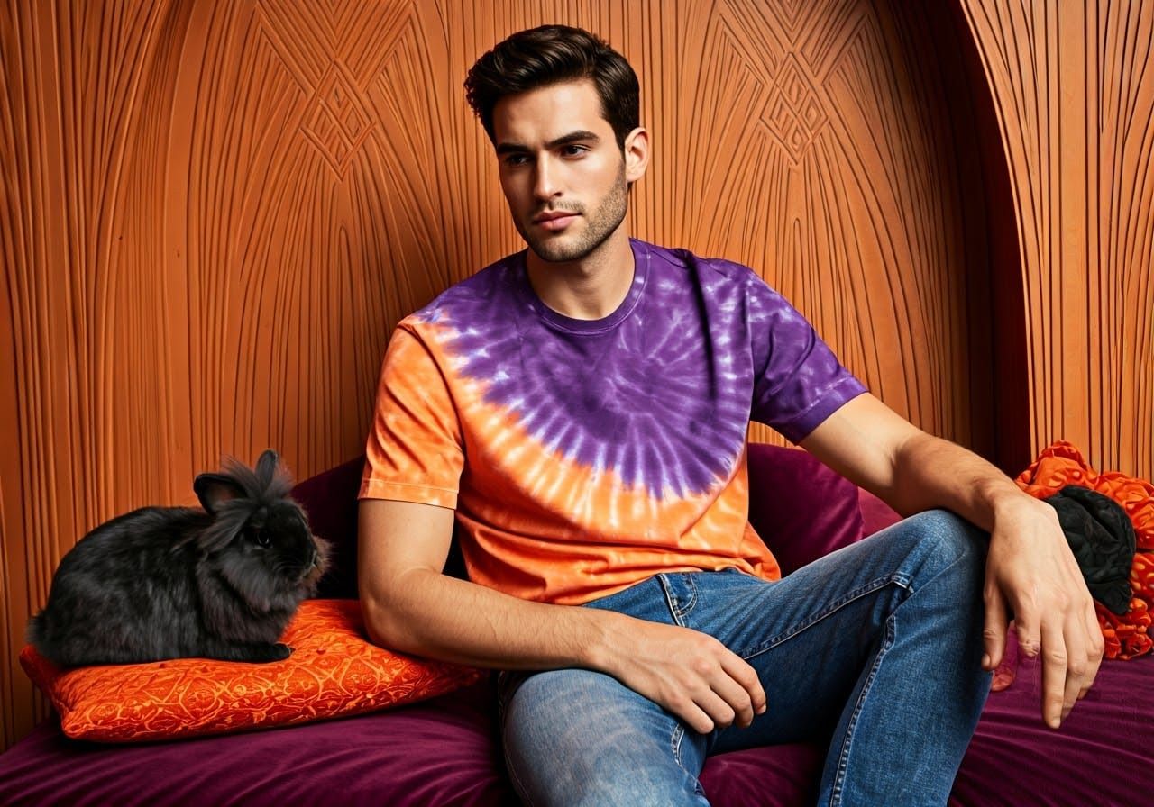 Man in Tie-Dye Art Deco Room with Rabbit