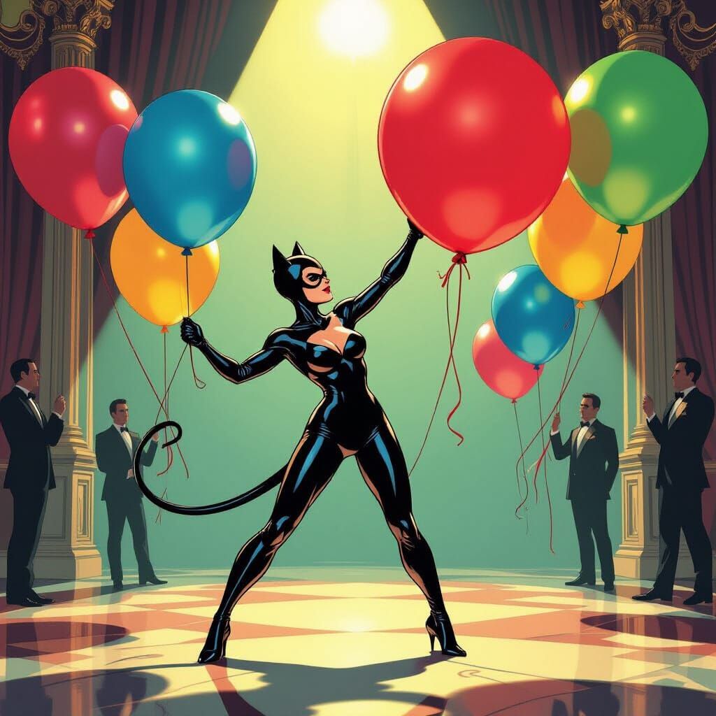 Catwoman Playfully Batting at Red Balloon in Ballroom