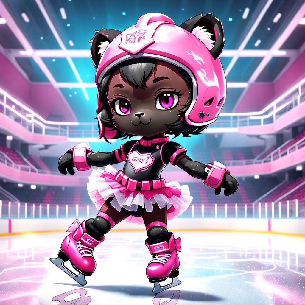 Adorable Chibi Panther Ice Skating Fantasy Art