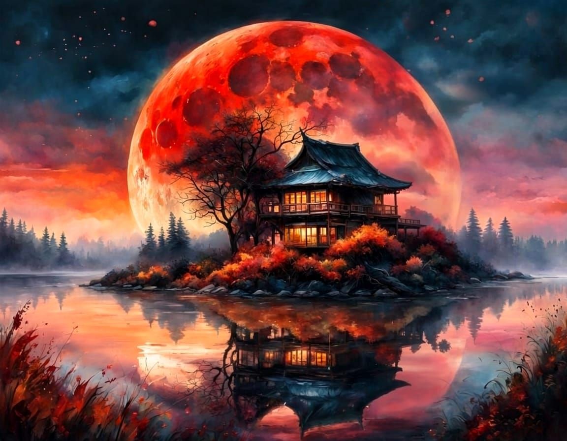 Echo of the Blood Moon: Pine trees silhouette the horizon