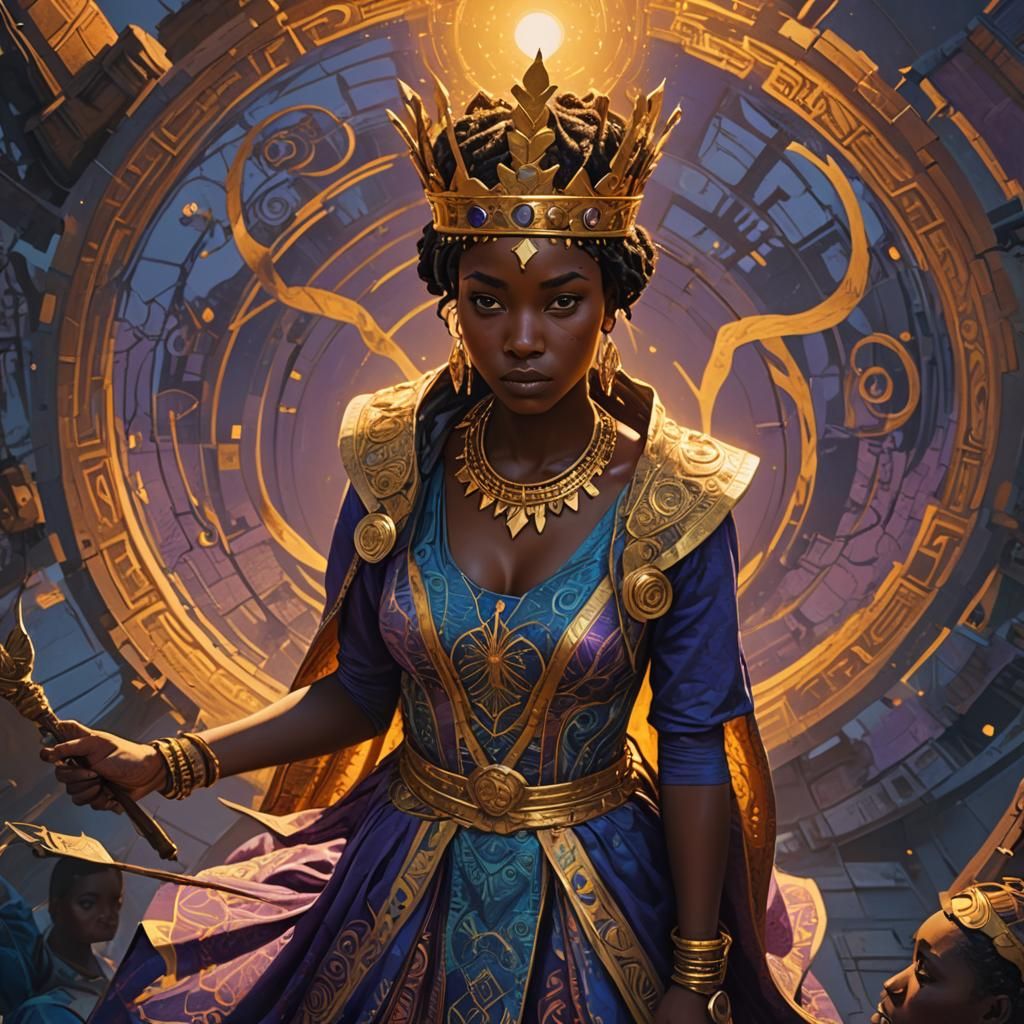 Regal African Girl with Golden Staff, Fantasy Art